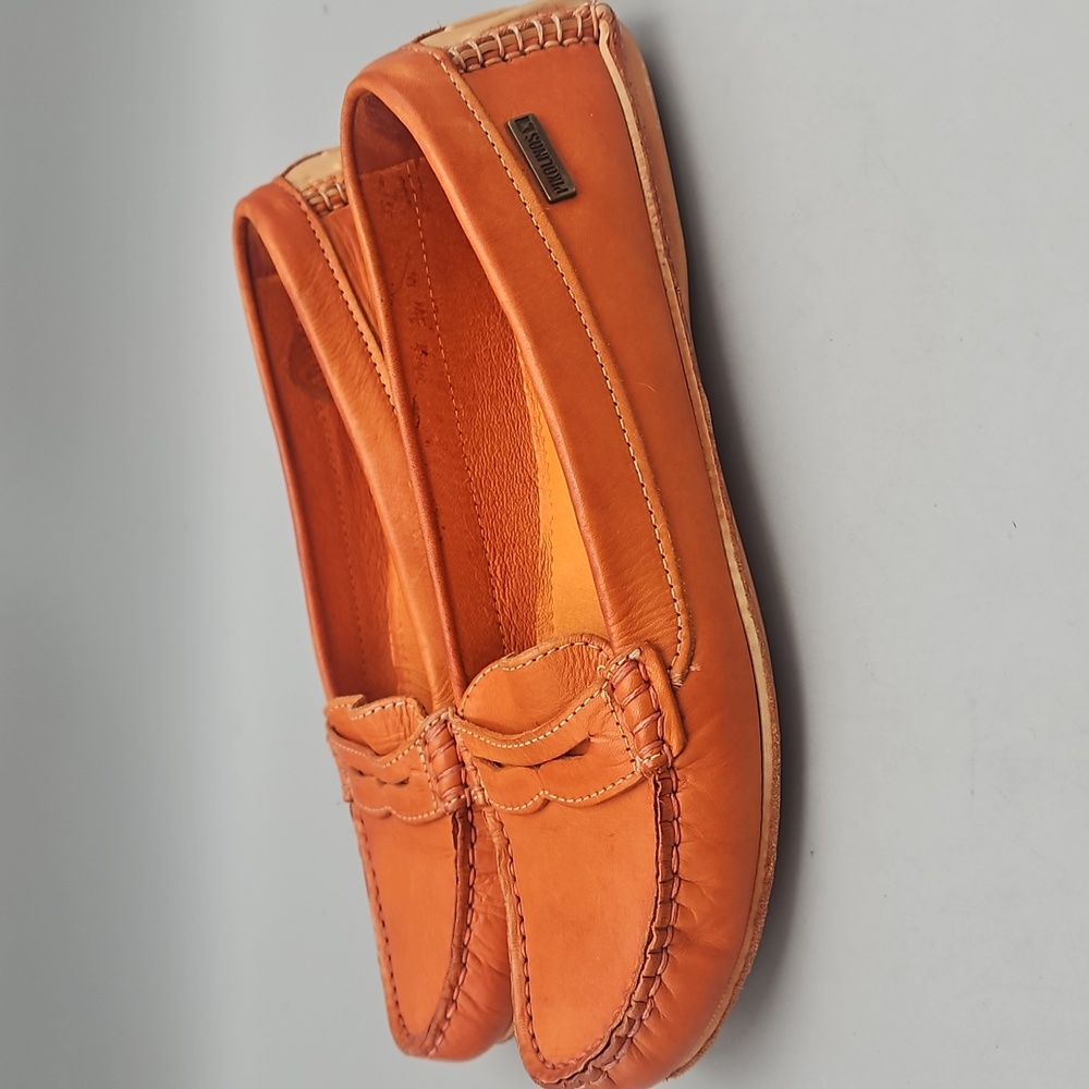 Orange loafers or Flats leather brand is PIKOLINOS from spain